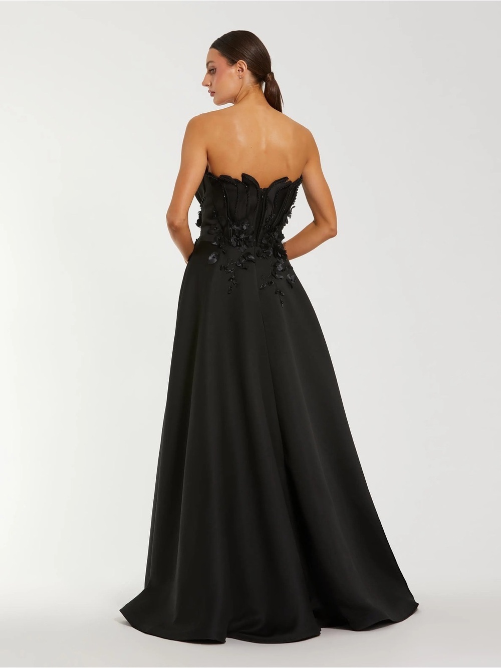 Mac Duggal 37134 Black Strapless Satin Floral Embellished Ball Gown Size 14 NWT - Picture 3 of 10